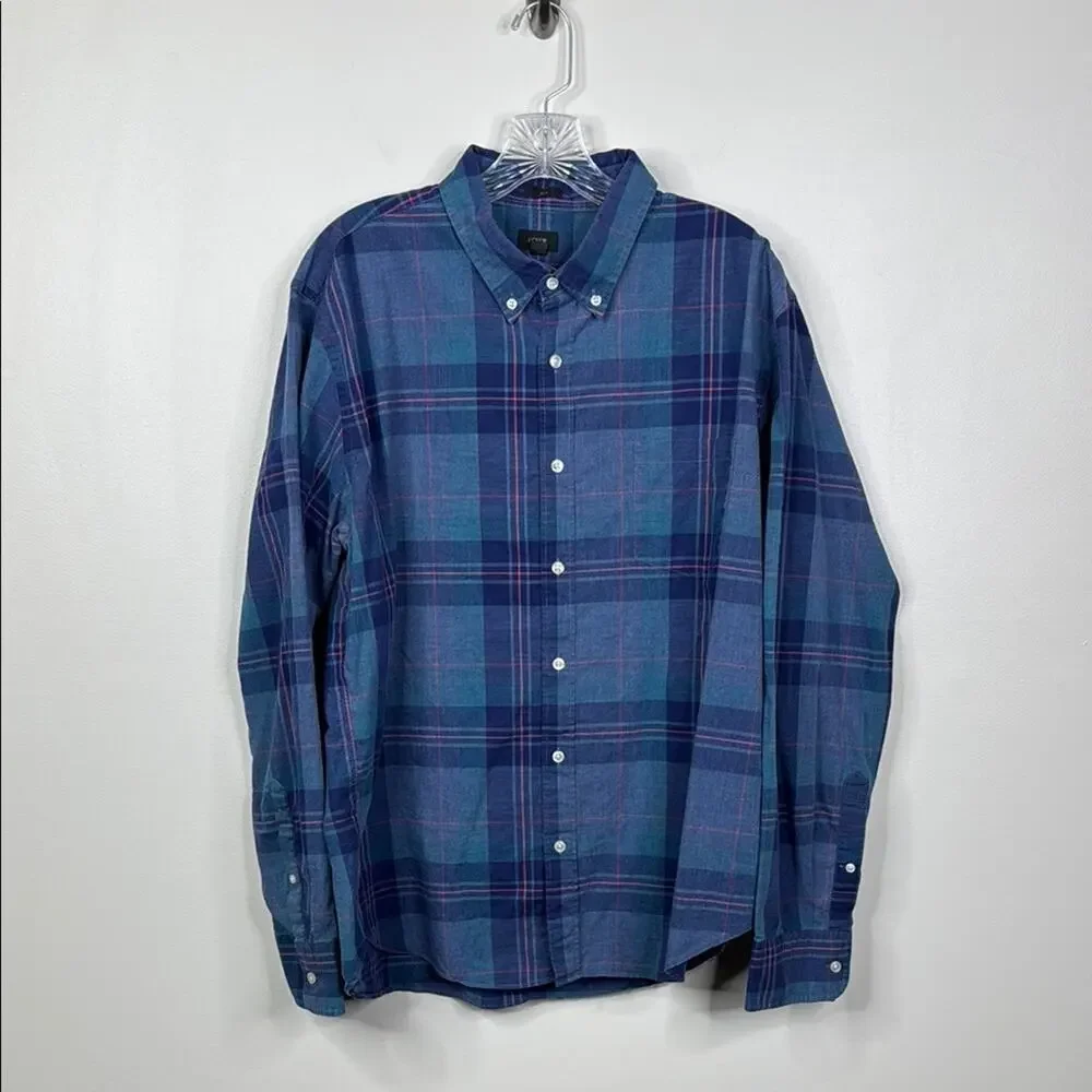J. Crew Men's Blue Plaid Button Down Shirt XL 100% Cotton Slim Fit Casual